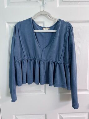 Altar'd State Blue Waffle-Knit Peplum V-Neck Sweatshirt
